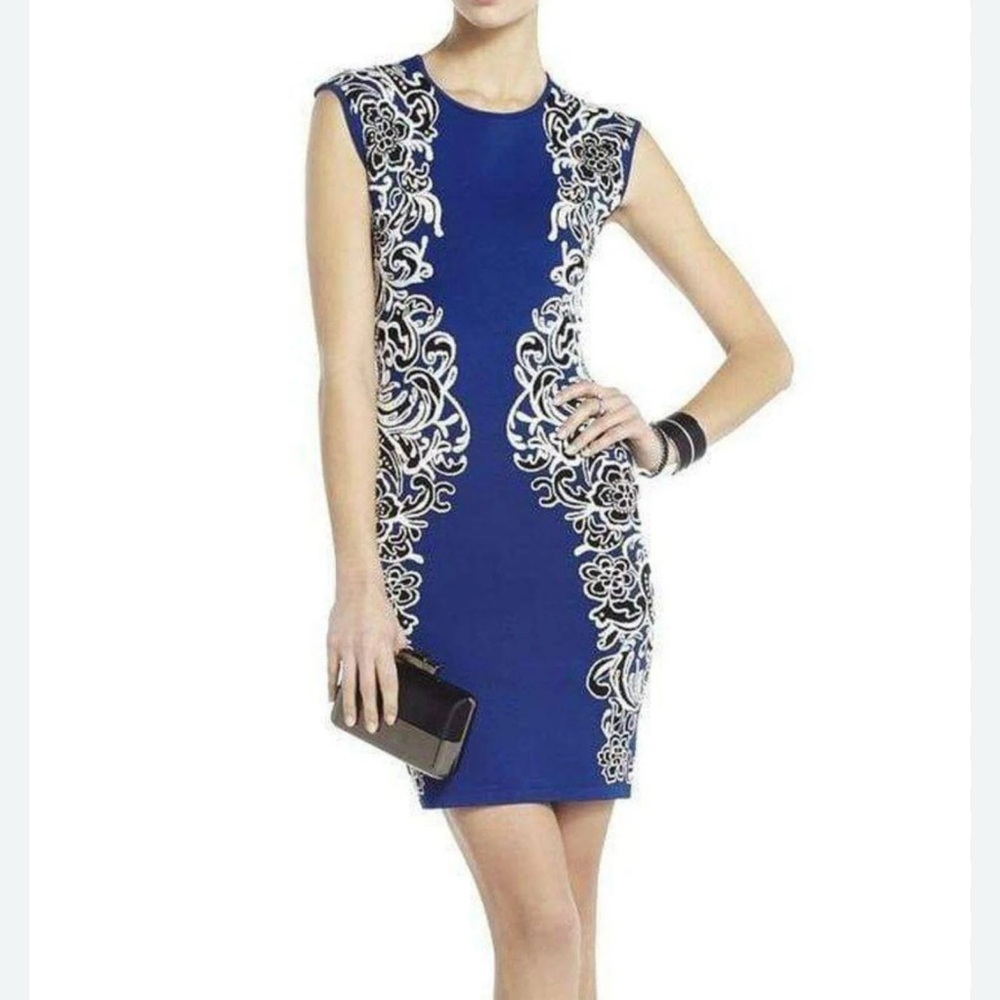BCBGMaxAzria Ellena Jacquard Blue and White Mini lace Dress large